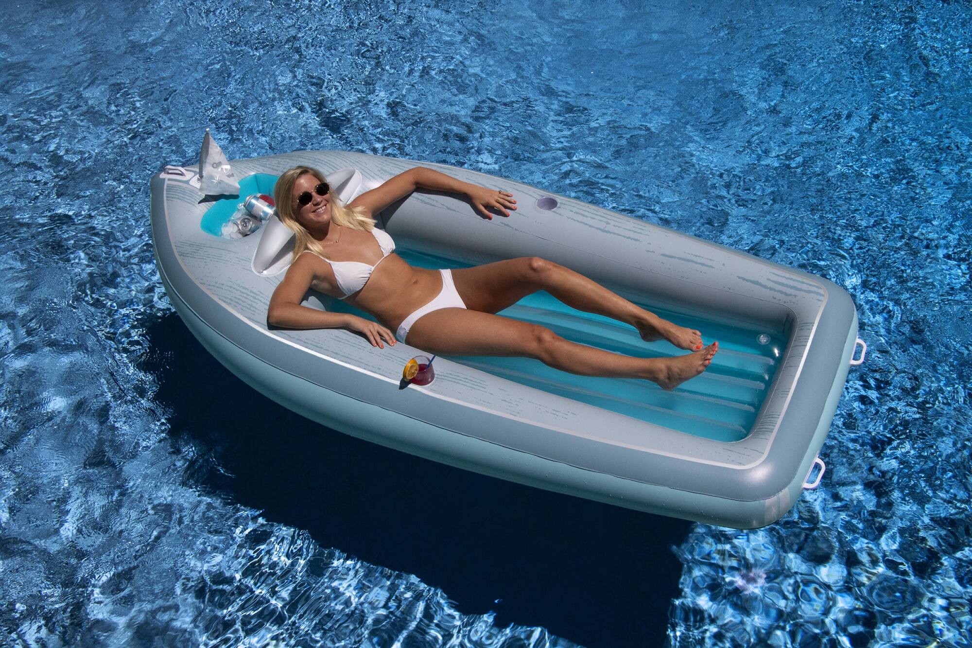 9ft. Inflatable Gray & Blue Classic Boat Cruiser Pool Float with Cooler